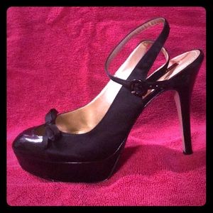 Nine West Black Satin Bow Patent Leather Heels - image 1